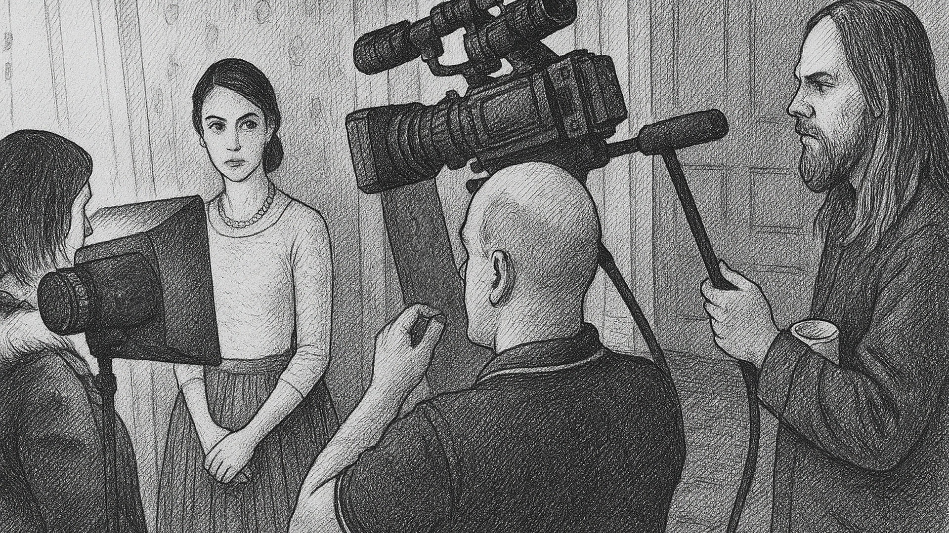 Chronicle engraving of Lawrie Brewster directing a scene with cast and crew.