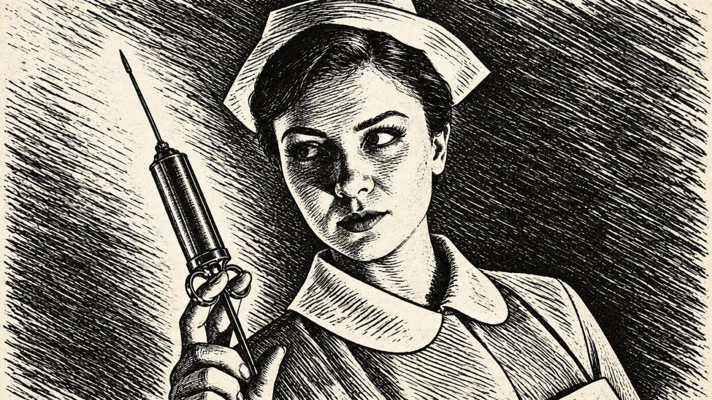 Victorian newspaper-style engraving of Megan Tremethick as a nurse holding a syringe in In the Grip of Terror.