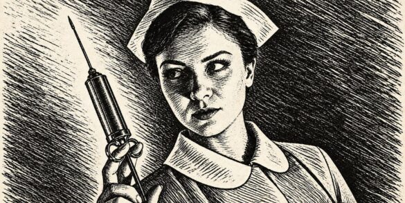 Victorian newspaper-style engraving of Megan Tremethick as a nurse holding a syringe in In the Grip of Terror.
