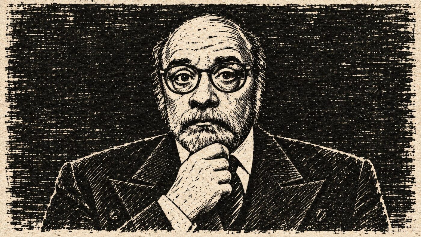 Coarse newspaper woodcut of Joseph Renzetti in a 1940s British suit and tie, wearing round glasses with his hand beneath his chin.