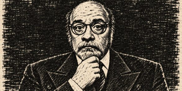 Coarse newspaper woodcut of Joseph Renzetti in a 1940s British suit and tie, wearing round glasses with his hand beneath his chin.
