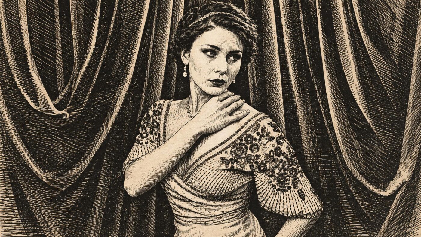 Victorian-style ink engraving of Megan Tremethick in a beaded gown before theatre curtains.