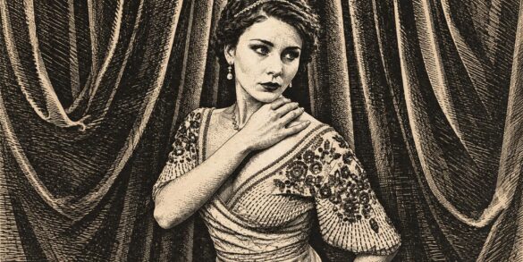 Victorian-style ink engraving of Megan Tremethick in a beaded gown before theatre curtains.