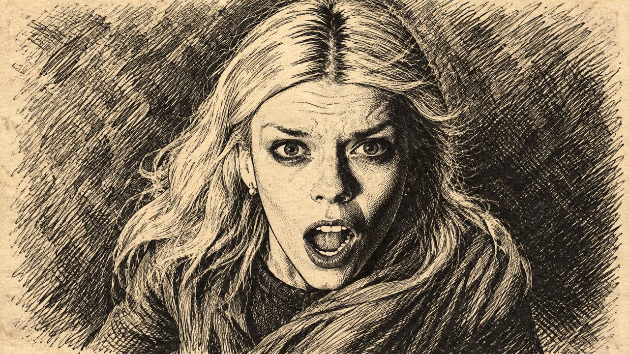 Newspaper-style ink illustration of Ayvianna Snow in The Nice Ones, looking upwards in alarm.