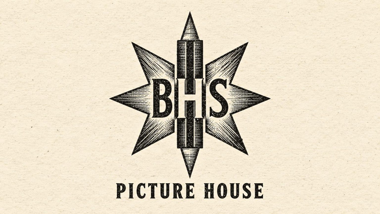 BHS Picture House emblem rendered as a black-ink newspaper engraving on cream paper