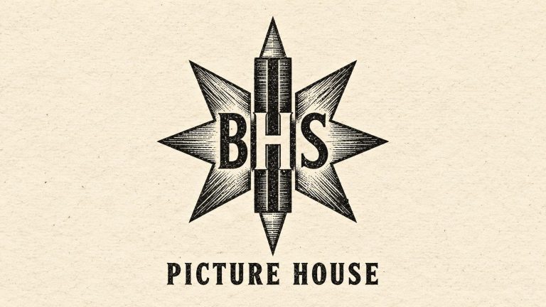 BHS Picture House emblem rendered as a black-ink newspaper engraving on cream paper