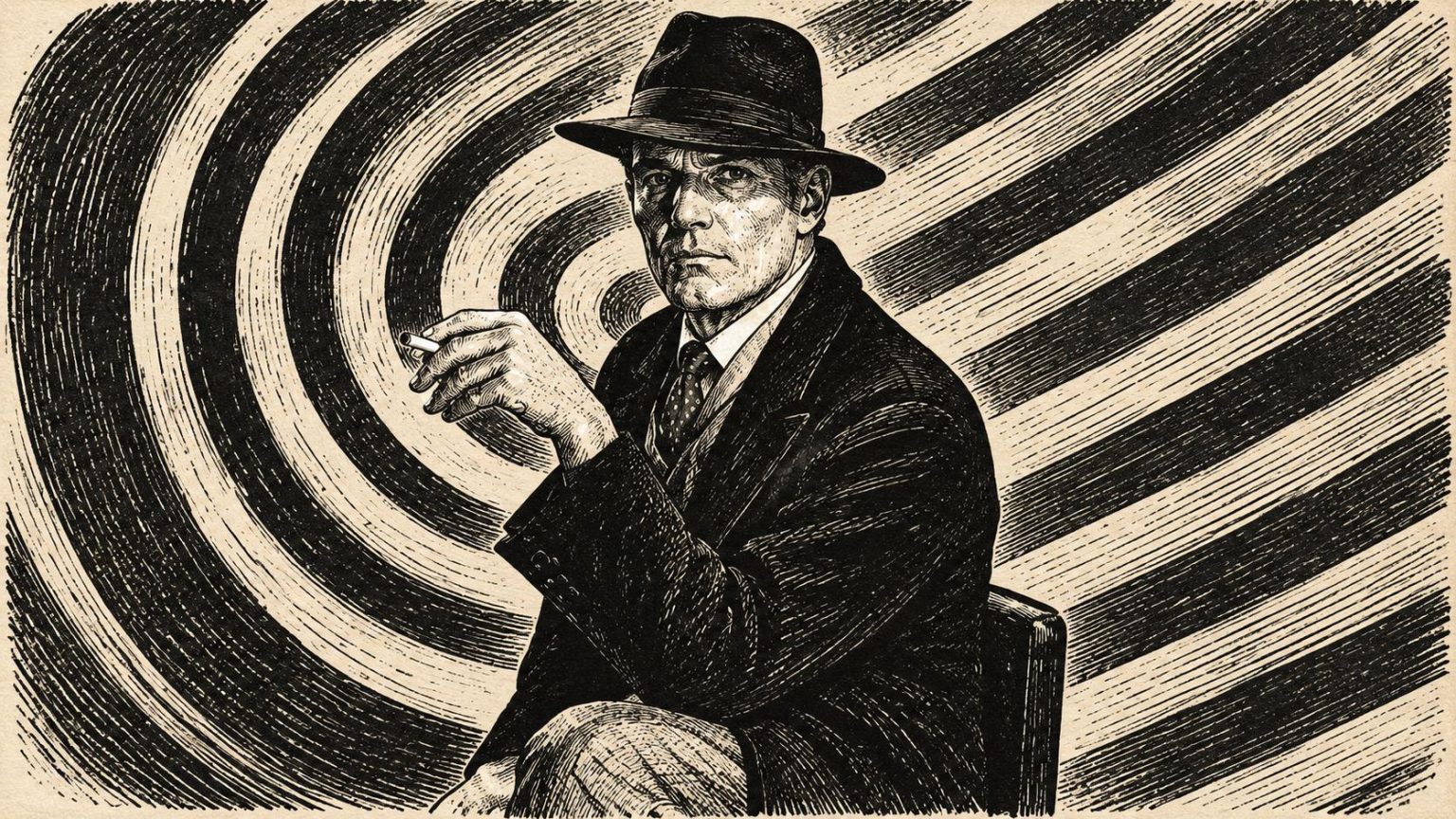 Newspaper-style ink illustration of Richard Pate in his hat and dark suit as the Devil in Black Chariot