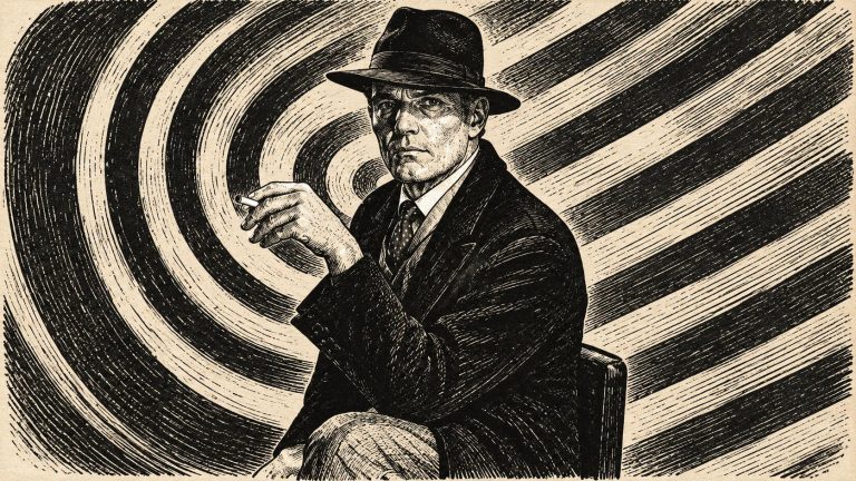 Newspaper-style ink illustration of Richard Pate in his hat and dark suit as the Devil in Black Chariot