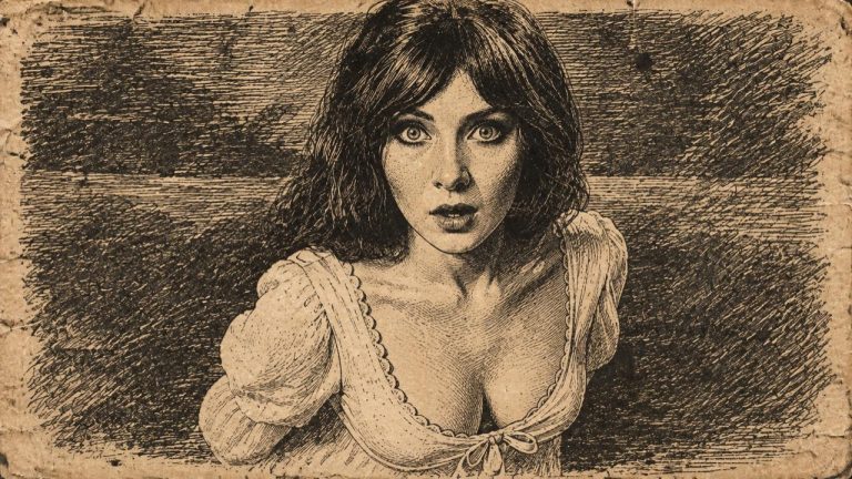 Victorian newspaper-style ink illustration of a wide-eyed woman looking upwards, used for In the Grip of Terror.