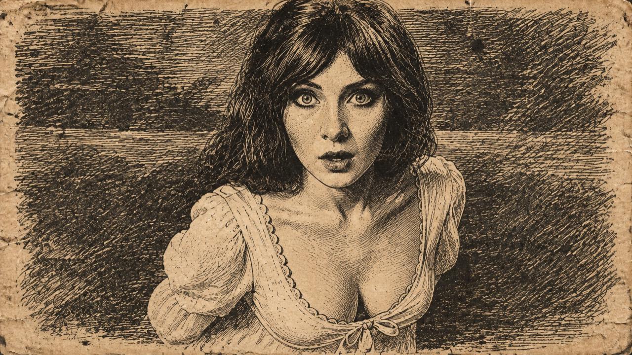 Victorian newspaper-style ink illustration of a wide-eyed woman looking upwards, used for In the Grip of Terror.