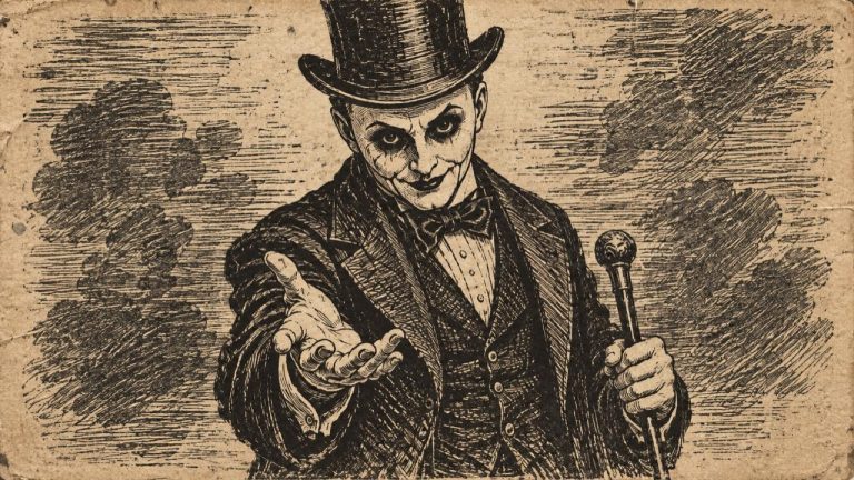Victorian newspaper-style ink illustration of Mr. Whispers in a top hat, reaching towards the viewer while holding a cane.