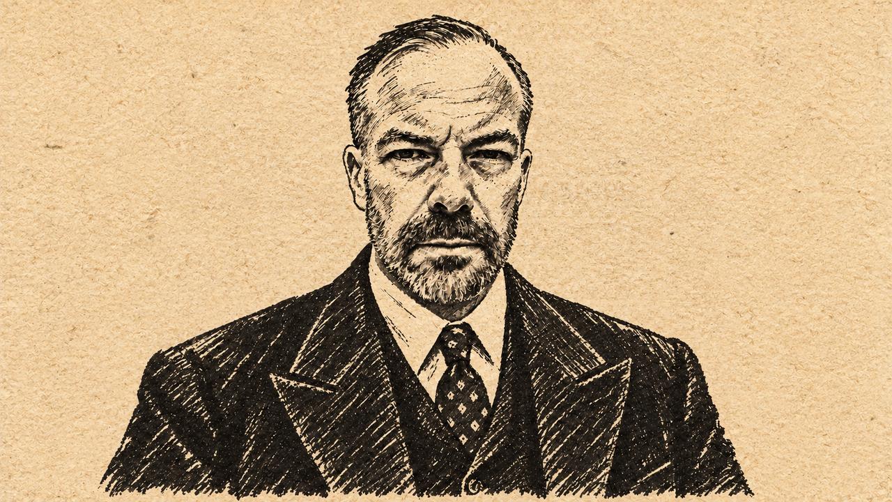 Newspaper-style ink portrait of Simon Rumley in a 1940s suit, waistcoat and tie.