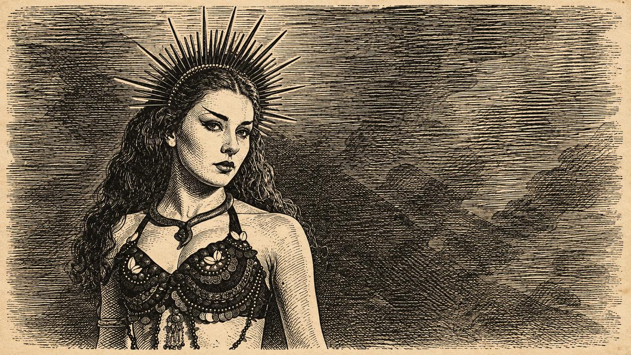 Newspaper-style illustration of Megan Tremethick as Nemain in The Slave and the Torturer.