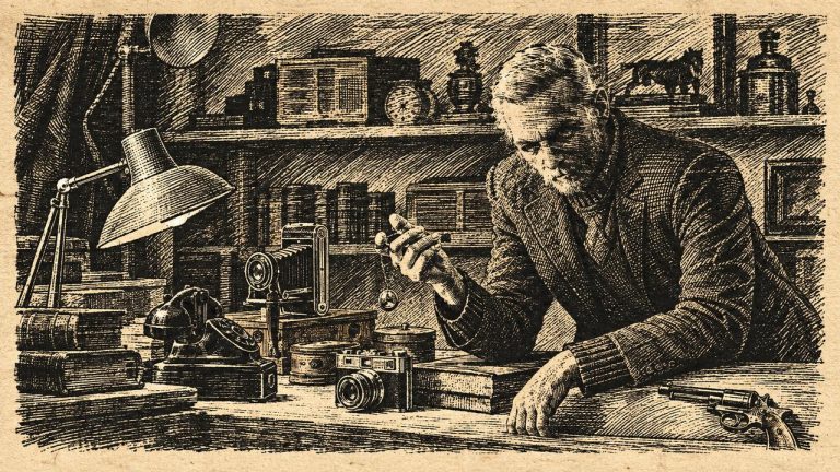 Engraving-style illustration for Uncle Monty’s Antique Shop showing the proprietor behind a counter of antique cameras, books and curiosities.