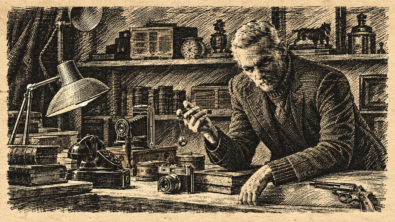 Engraving-style illustration for Uncle Monty’s Antique Shop showing the proprietor behind a counter of antique cameras, books and curiosities.